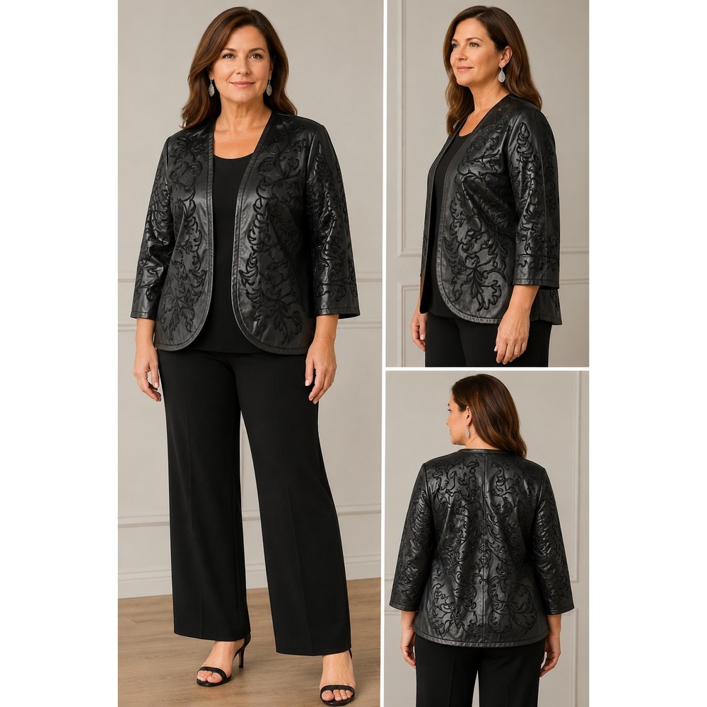 Spiegel Womens Faux Leather Embroidered Jacket Metallic Pewter Grey Size 18